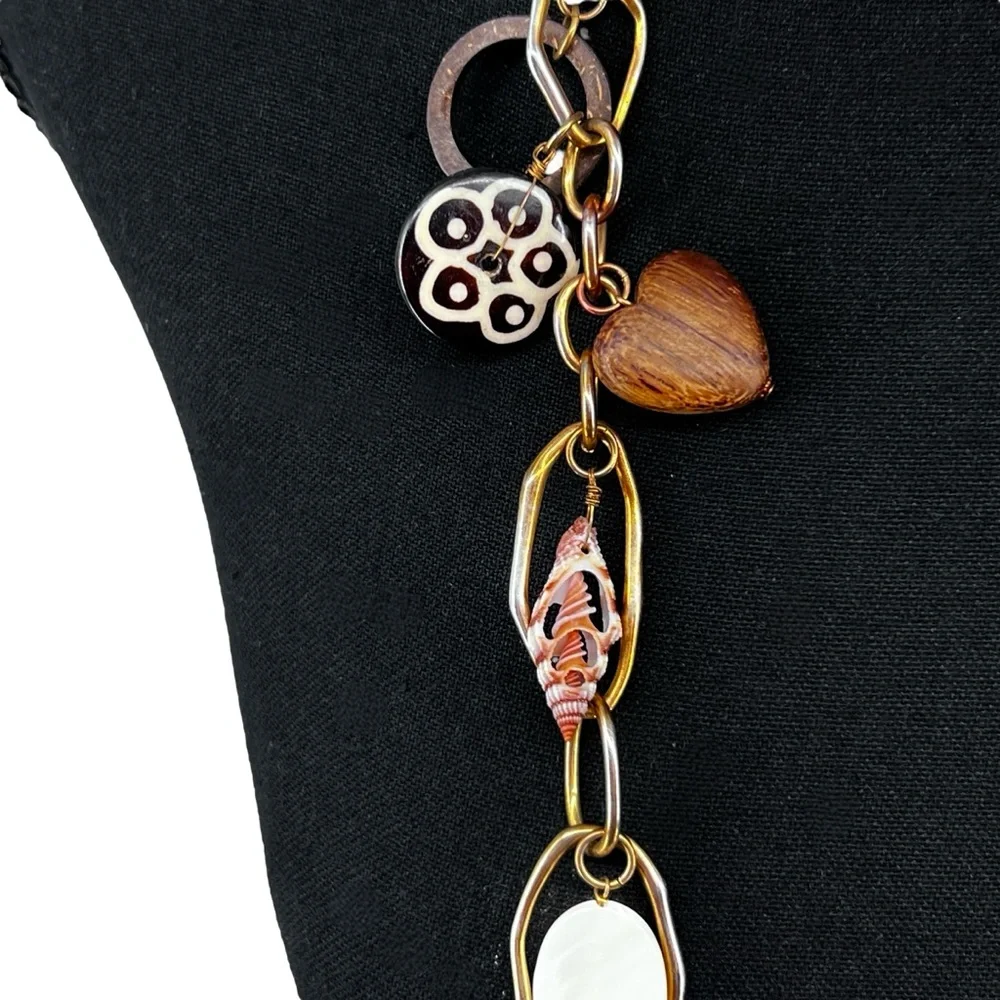 Vtg RJ Graziano Beachy Chain Link Charm Necklace Natural Worn Gold Plated Tribal
